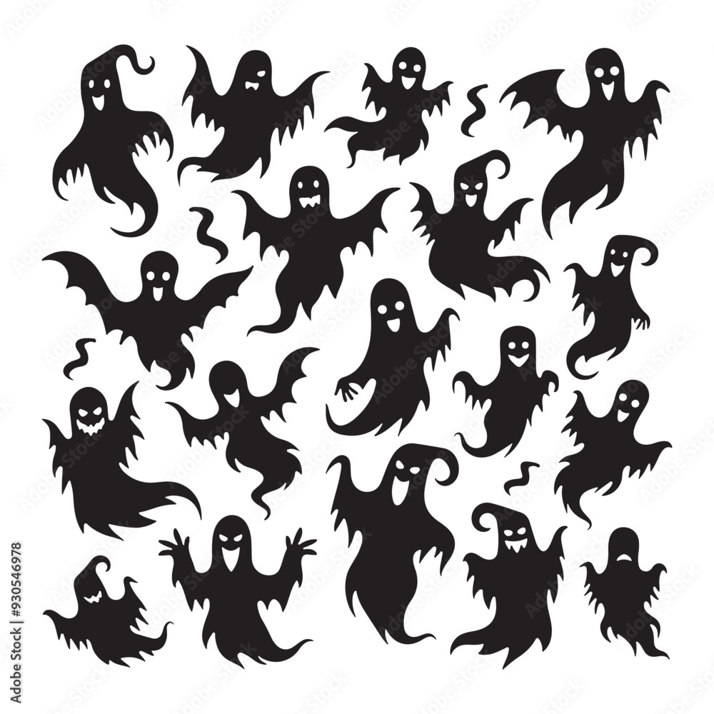 Halloween ghosts. Ghostly monster with Boo scary face. Spooky ghost flat vector icon set Halloween ghosts. Ghostly monster with Boo scary face. Spooky ghost flat vector icon set