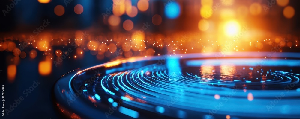 Abstract water ripple with glowing particles, creating a mesmerizing luminous effect in a vibrant digital landscape.
