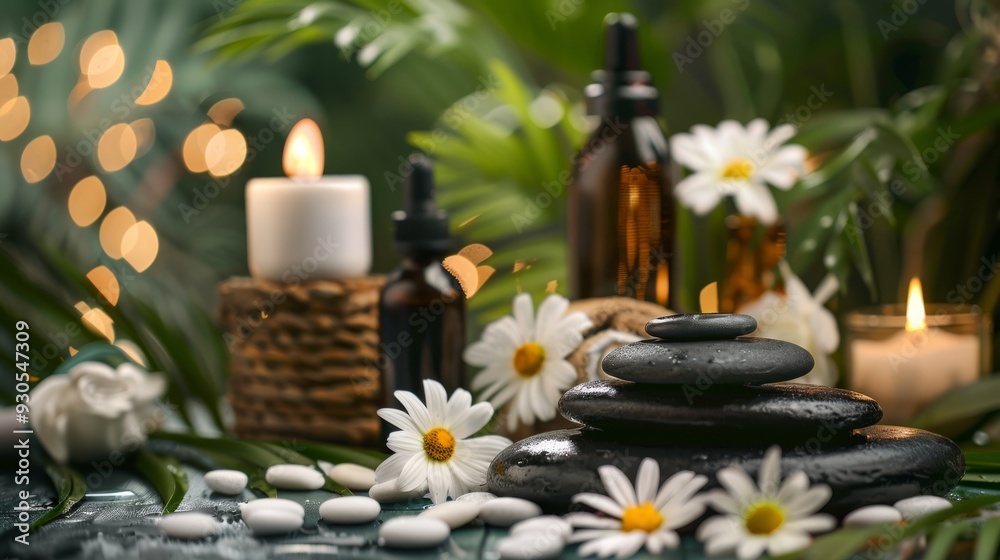 Spa massage setup with oils, stones, and fresh flowers Spa massage setup with oils, stones, and fresh flowers