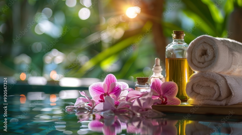 Spa treatment table with fresh orchids and aromatherapy oils Spa treatment table with fresh orchids and aromatherapy oils
