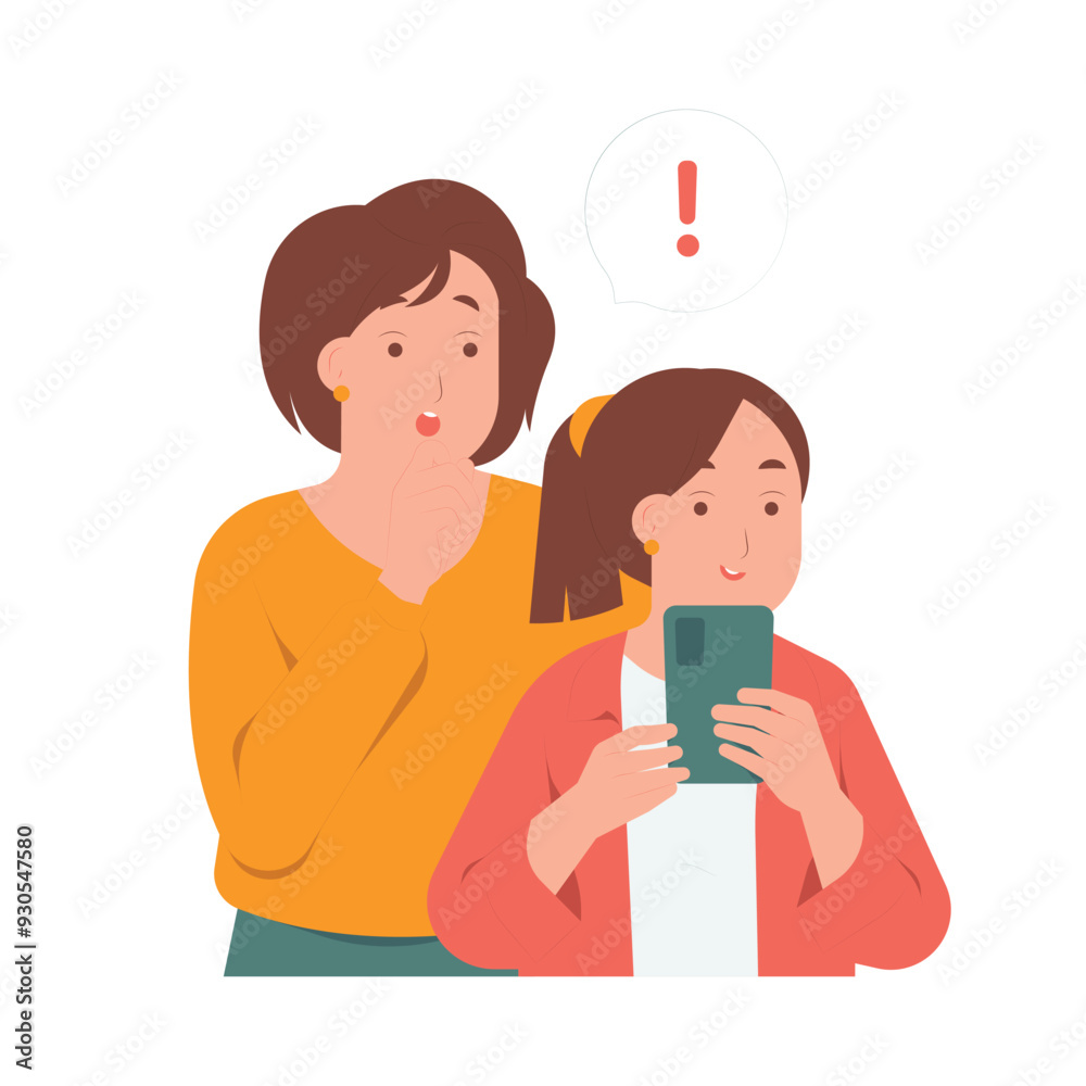 Parental control monitoring suspicious curious mother spying daughter messaging on smart phone concept illustration Parental control monitoring suspicious curious mother spying daughter messaging on smart phone concept illustration