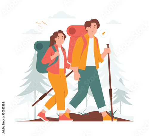 Hikers couples walking travel with hiking backpacks adventure luggage camping concept illustration