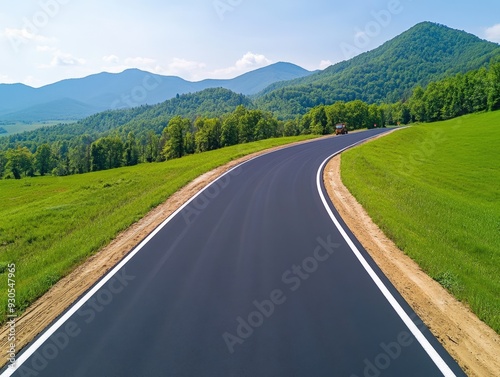 A winding road through lush green hills on a sunny day in the countryside