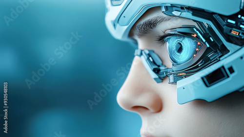 Closeup of a woman's face with a futuristic cybernetic eye implant. The image is a concept of artificial intelligence and the future of humanity.