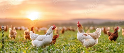 A serene scene of chickens grazing in a lush field during sunset, showcasing farm life and natural beauty.