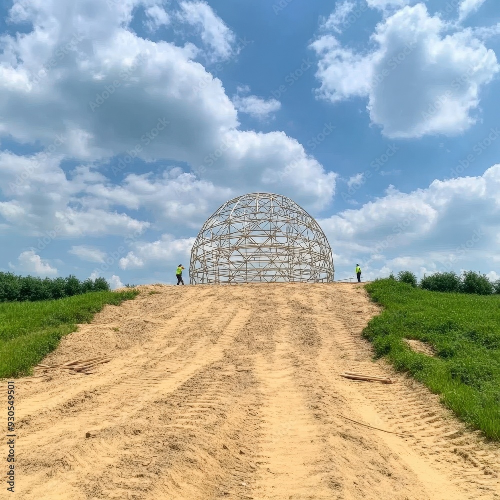 Obraz premium Construction workers inspecting a large geometric structure under a bright sky