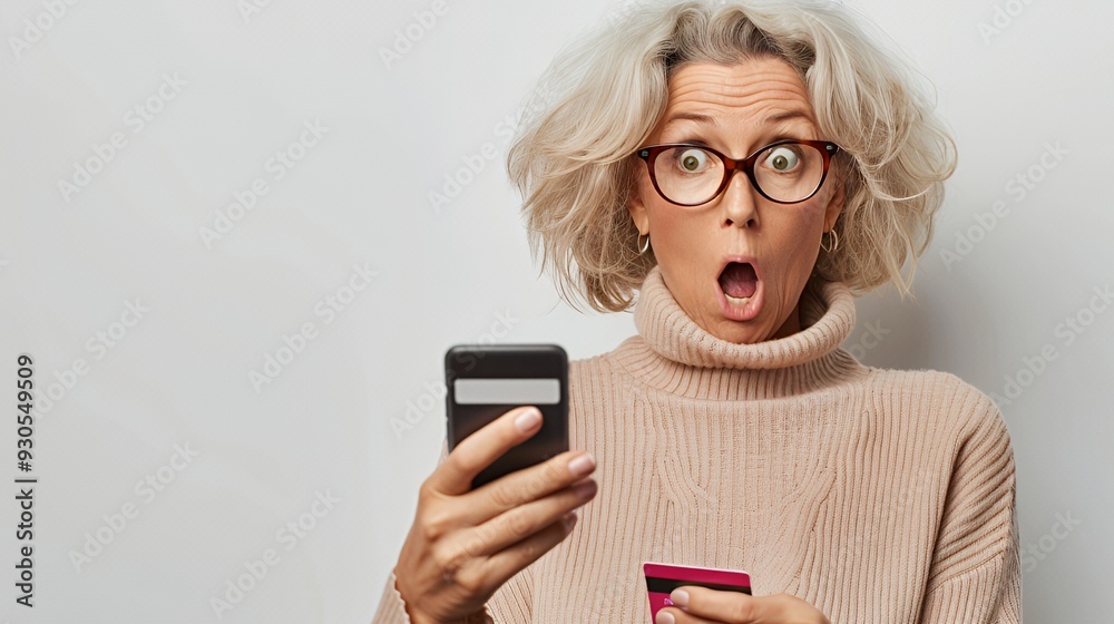 A surprised woman holds a phone and a credit card, expressing shock or excitement.