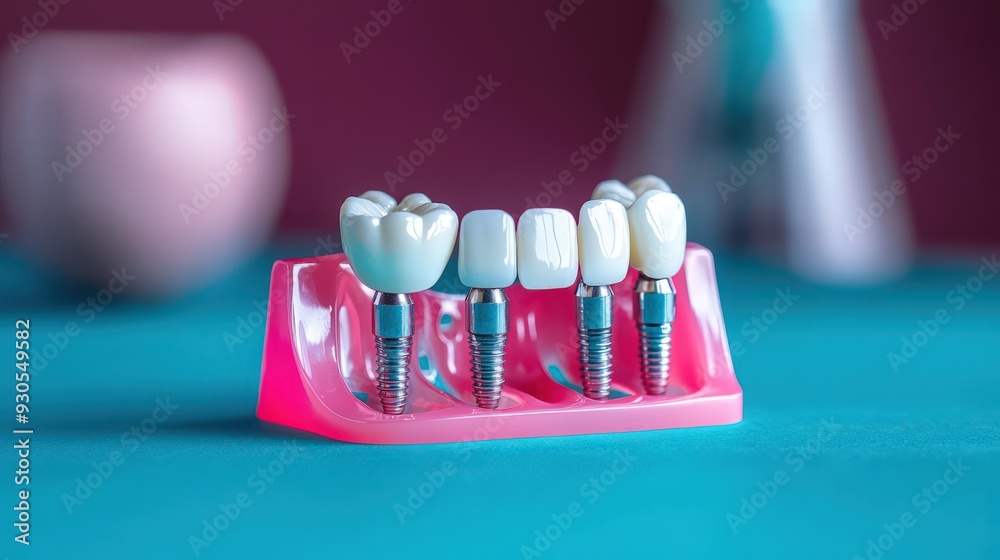 Dental implant model with multiple implants in gums. Ideal for dental care and dentistry marketing materials. Dental implant model with multiple implants in gums. Ideal for dental care and dentistry marketing materials.