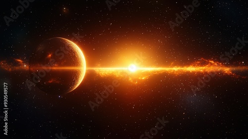 Stunning cosmic scene showcasing a planet illuminated by a radiant sun against a backdrop of space and vibrant starfields.