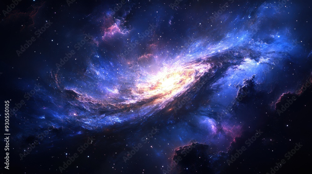 Fototapeta premium A vibrant cosmic scene depicting a swirling galaxy with bright stars and nebulae.
