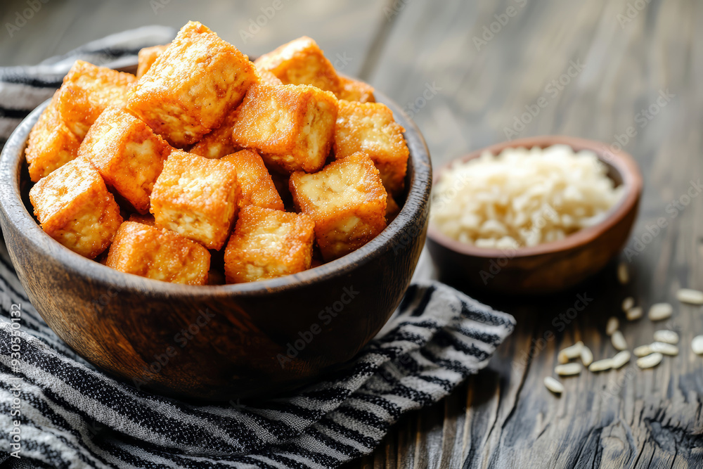 Fried tofu with a stylish presentation on wooden table Fried tofu with a stylish presentation on wooden table