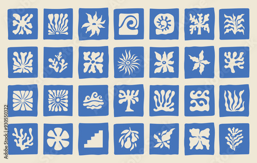 Vector logo and print design templates, summer palms, tropical hand drawn illustrations,  palm trees boho elements, grid patterns and prints with square elements for social media and posts, stationery