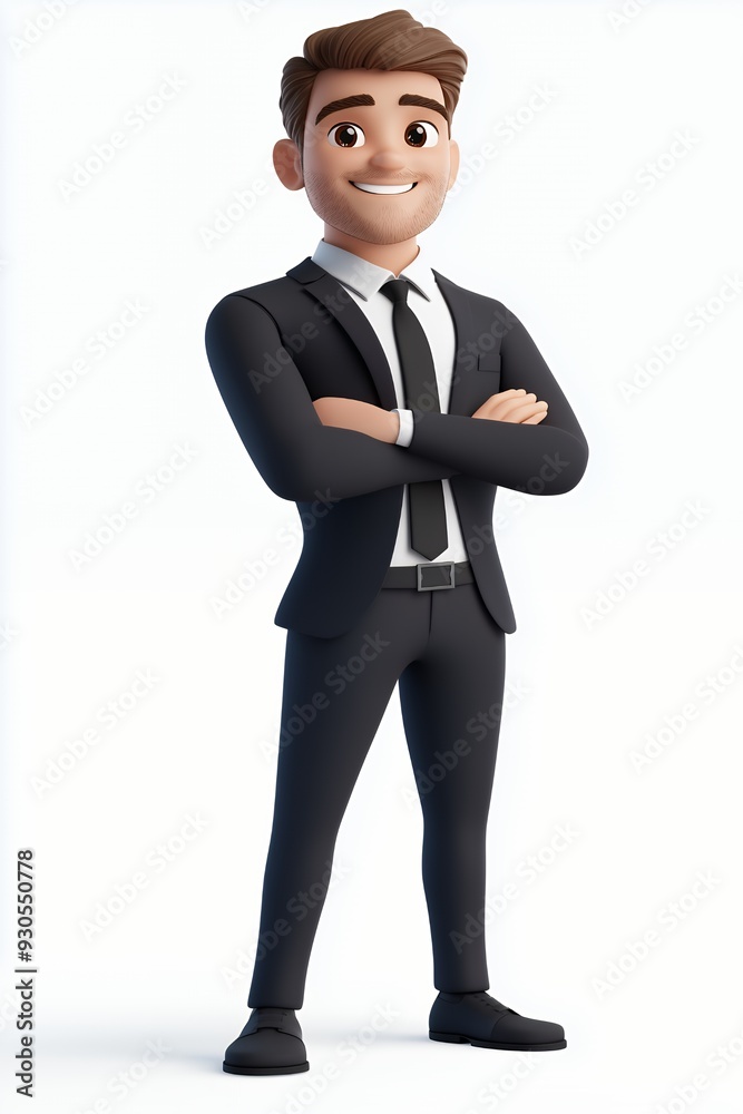 A cartoon businessman in a suit with a confident smile, standing with arms crossed. A cartoon businessman in a suit with a confident smile, standing with arms crossed.
