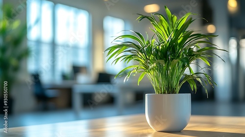 A potted green plant placed on a desk in a bright, sunlit office, adding a touch of nature to the workspace.