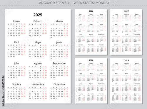 2025, 2026, 2027, 2028, 2029 vertical spanish year calendars. Printable vector illustration for Spain.
