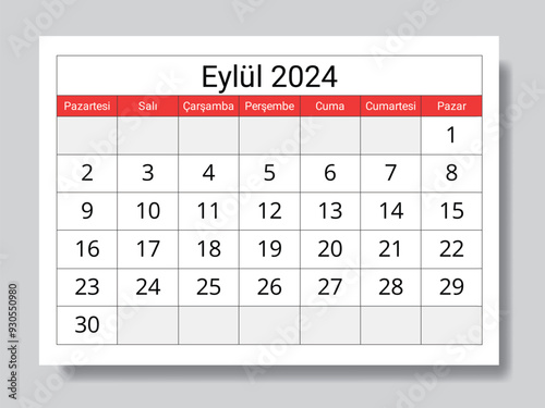 TURKISH September 2024 calendar. Vector illustration. Monthly planning for business in Turkey