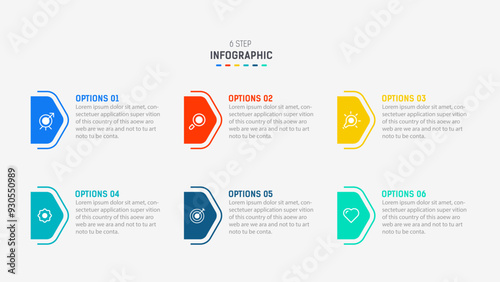 Business infographics design for Six Step, option, parts or process. Infographic 6 element design template for presentation. process diagram, step banner, flow chart, 6 option template.