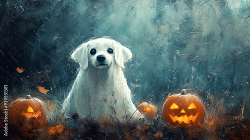 Halloween Ghost Dog Trick-or-Treat, Spooky Party Invitations, Scary cute dog ghost with Jack o lantern at front of house with spooky de on porch. Adorable white puppy, Generative AI photo