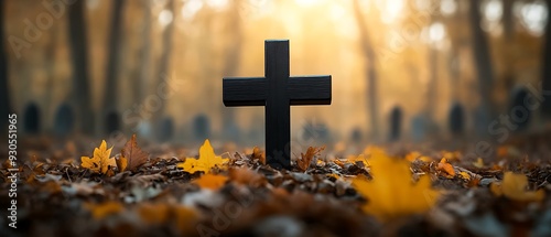 Black wooden cross on the ground in an autumn cemetery, fallen leaves, blurred tombstones in the background.