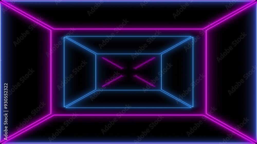 endless neon glowing animation with custom rectangle line draw on black background and zoom movement