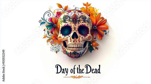 Colorful skull representing the Day of the Dead celebration with floral decorations and intricate details