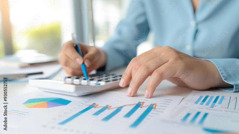 A woman is writing on a piece of paper with a pen and a calculator A woman is writing on a piece of paper with a pen and a calculator