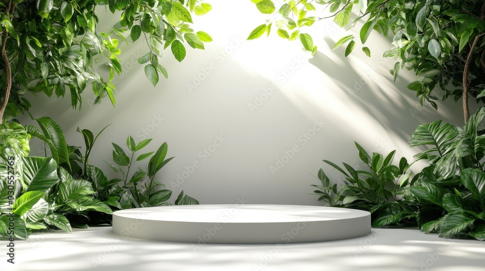 Nature podium with lush green leaves on a solid white background Nature podium with lush green leaves on a solid white background