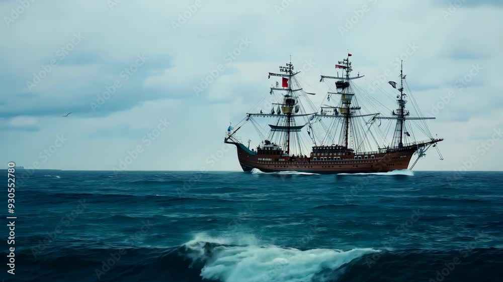Historic tall ship sailing on the ocean under cloudy skies Historic tall ship sailing on the ocean under cloudy skies