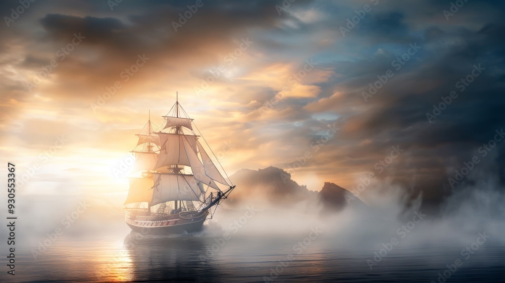A large ship sails through a stormy sky with a bright sun in the background A large ship sails through a stormy sky with a bright sun in the background