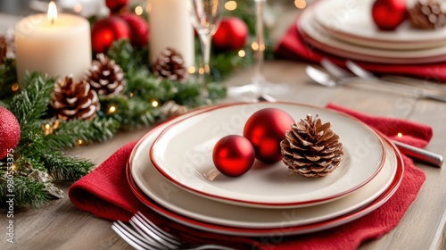 A table setting with a christmas tree and decorations on it, AI