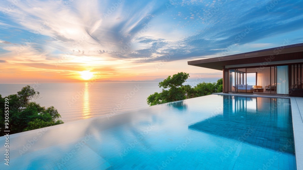 Fototapeta premium A beautiful ocean view with a large pool and a house in the background