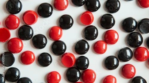 Red And Black Candy Scattered On White photo