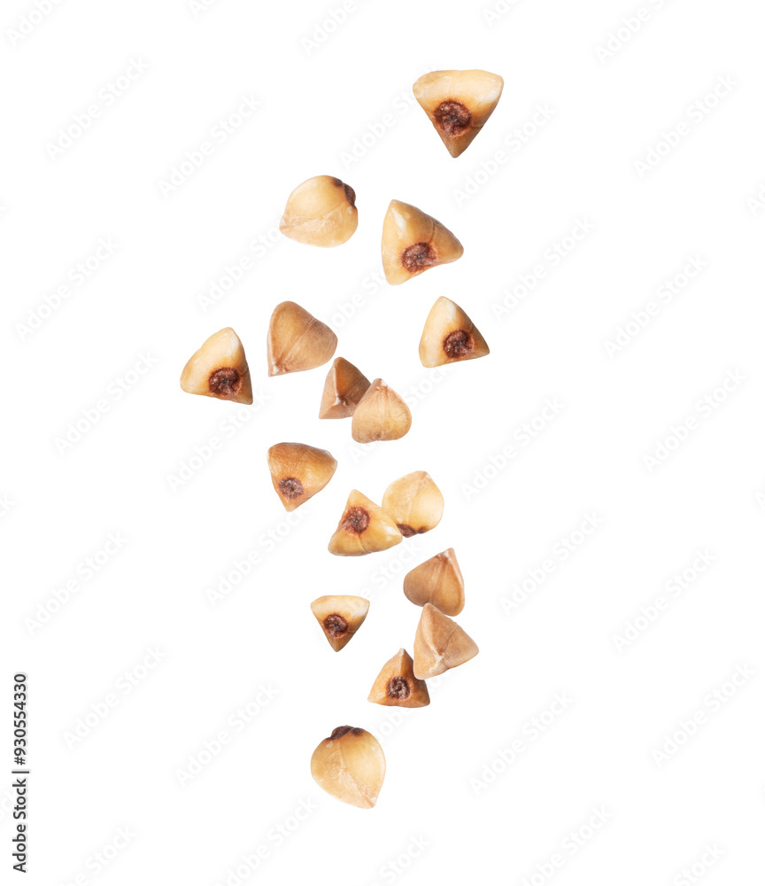 Buckwheat groats in the air close up on a transparent background Buckwheat groats in the air close up on a transparent background