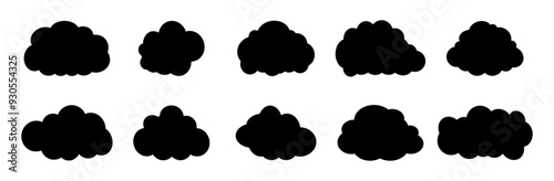 Set of clouds in different shapes in black color silhouette on white background. Clouds vector set. Vector illustration.