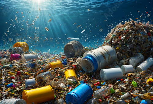 Plastic trash in the ocean. Generative AI