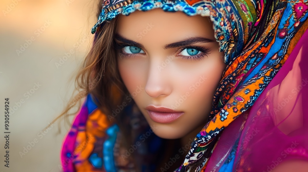 Obraz premium A stunning girl with oriental features poses gracefully outdoors, her vibrant scarf framing her face as sunlight enhances her striking blue eyes