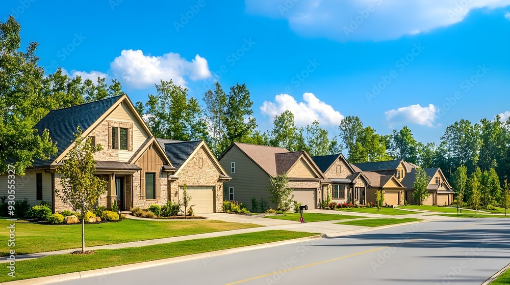 A row of modern houses for sale features well-maintained lawns and vibrant greenery under a clear blue sky A row of modern houses for sale features well-maintained lawns and vibrant greenery under a clear blue sky