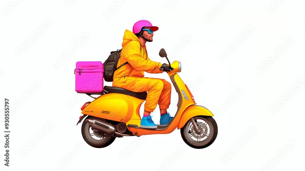 A delivery rider on a scooter wearing bright clothing, transporting goods in a pink box. A delivery rider on a scooter wearing bright clothing, transporting goods in a pink box.