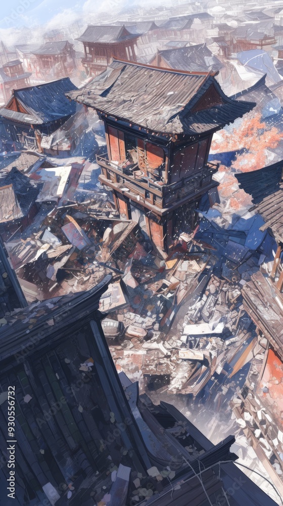 Fototapeta premium Dramatic Anime-Style Winter Catastrophe: Giant Hailstones Striking Rooftops in Hebei. Surreal Scene for 2025 Winter Season Marketing, UI Design, Web Banners, and 4K Wallpapers Depicting Natural Disast
