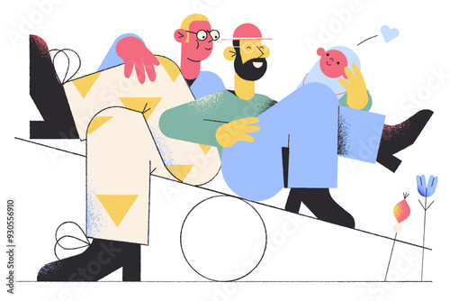Two men and their baby on seesaw
