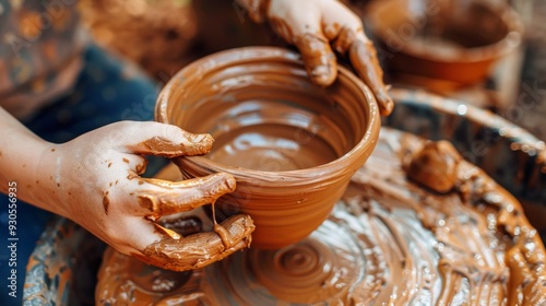 Pottery workshop. Hands of adult and child making pottery, working with wet clay closeup. Process of making bowl from clay on wheel with dirty hands. Handmade festival in summer park