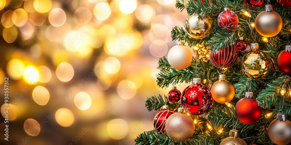 Close-up of a beautifully decorated Christmas tree adorned with golden baubles and warm string lights. Golden theme Christmas. Generative AI. Close-up of a beautifully decorated Christmas tree adorned with golden baubles and warm string lights. Golden theme Christmas. Generative AI.