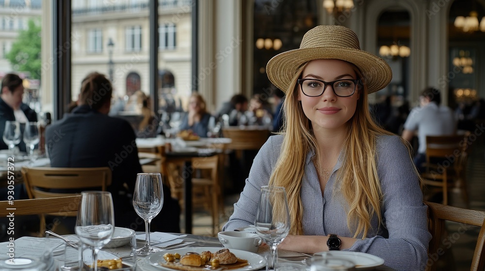 A cheerful woman with blonde hair, wearing stylish glasses and a straw hat, sits comfortably in a cozy cafe, enjoying her surroundings
