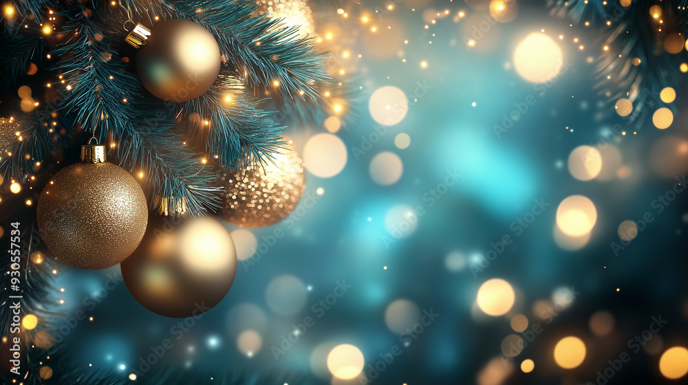 Close-up of a beautifully decorated Christmas tree adorned with golden baubles and warm string lights. Blue theme Christmas. Generative AI. Close-up of a beautifully decorated Christmas tree adorned with golden baubles and warm string lights. Blue theme Christmas. Generative AI.