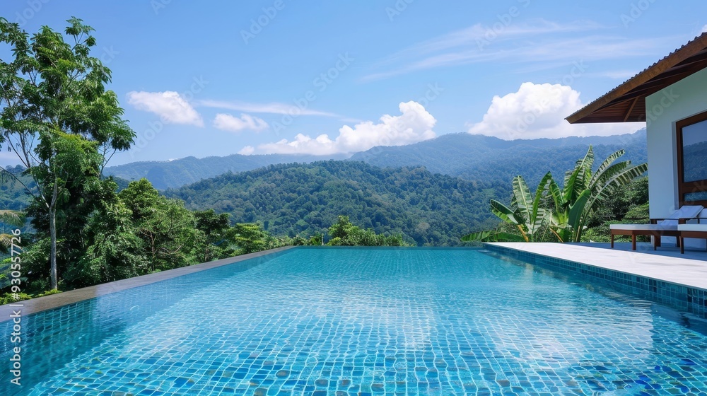 Obraz premium A large pool with a beautiful view of the mountains and the water