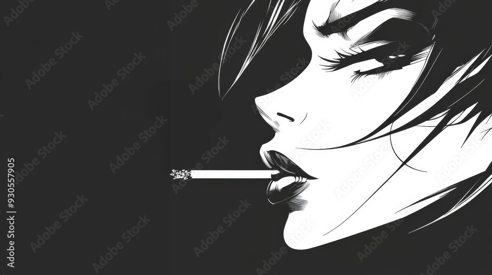 Obraz premium Stylized illustration of woman smoking cigarette in black and white