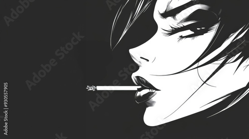 Stylized illustration of woman smoking cigarette in black and white