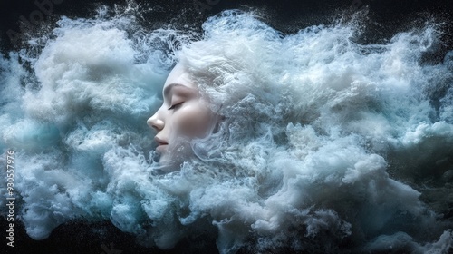 Surreal artistic portrait of woman dissolving into smoke cloud