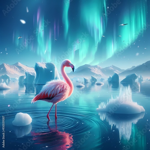 Create a realistic image of a flamingo standing in the arctic ocean