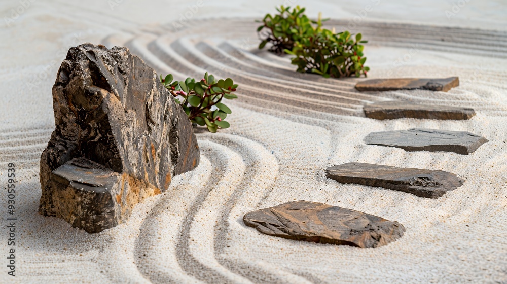 Fototapeta premium A tranquil sand garden featuring stone paths and greenery, promoting relaxation and mindfulness.